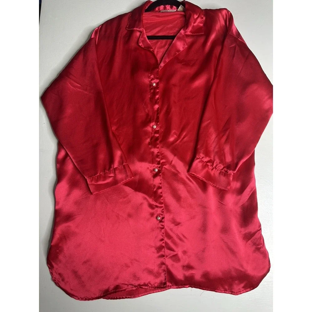 Vintage Victoria's Secret Red Satin Button Up Lounge Shirt Size M/L